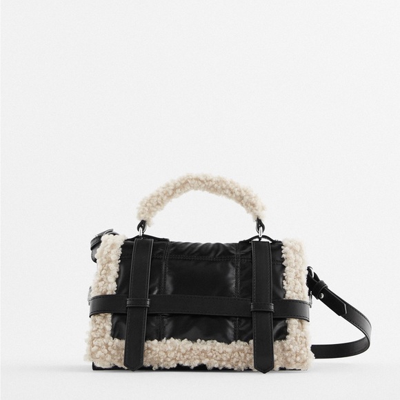 Zara Sherpa Fleece Leather Crossbody Sactchel with Faux Shearling - Picture 1 of 14